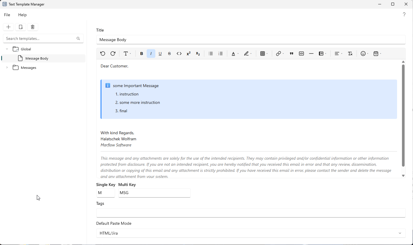 A template open in the editor: a formatted body with a callout panel, its Single Key and Multi Key shortcuts, and the default paste mode. The badge on the folder marks it as synchronized.