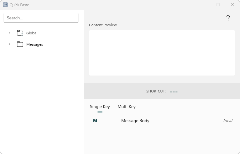 Quick Paste, Single Key tab: press the listed key to paste; the area (local or a sync folder) is shown on the right.