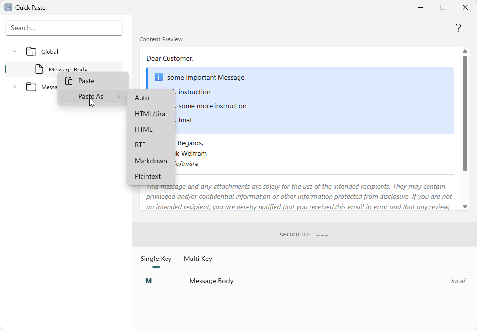 Right-clicking a template offers Paste and a Paste As submenu with every paste mode.