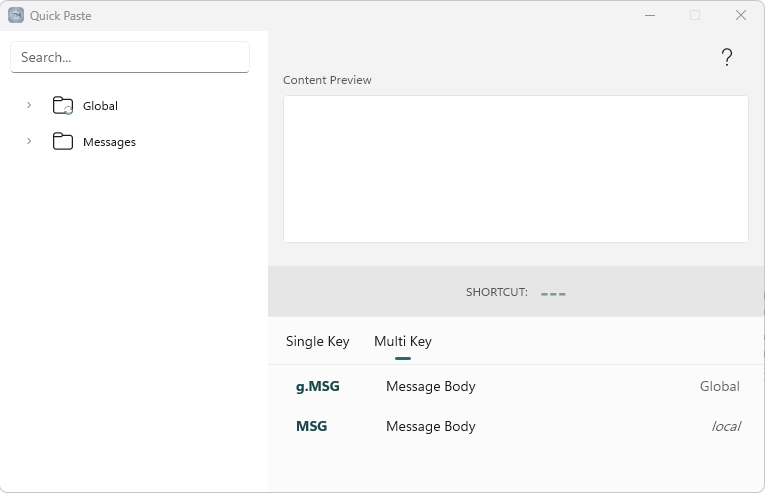 Quick Paste, Multi Key tab: a synchronized shortcut carries its folder prefix (g.MSG); the local one does not (MSG).